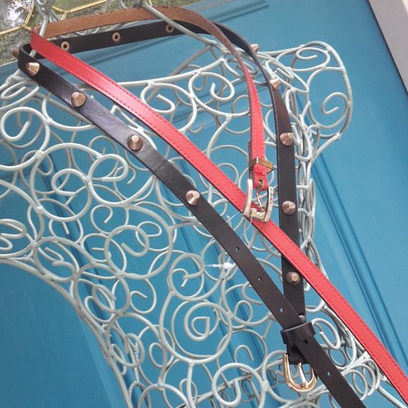 2 Belts Genuine Leather Thin Studded with Spikes Metal Studs Grommets Rivet BOGO - Picture 8 of 16